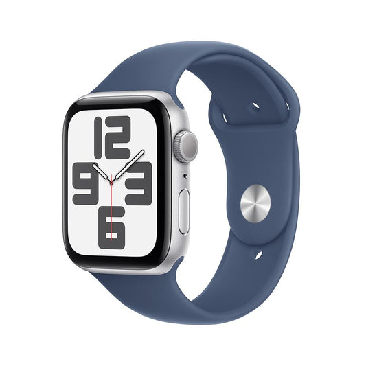 Apple Watch SE GPS • Caja de aluminio color plata de 44 mm • Correa deportiva azul denim - M/L