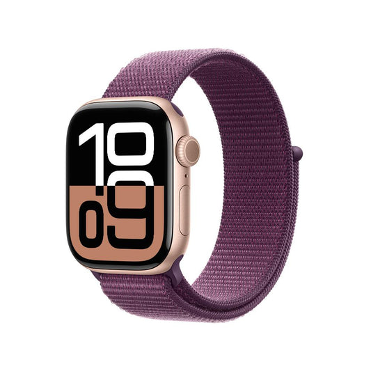Apple Watch Series 10 GPS • Caja de aluminio color oro rosa de 42 mm • Correa loop deportiva color ciruela
