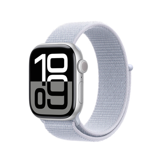 Apple Watch Series 10 GPS • Caja de aluminio color plata de 42 mm • Correa loop deportiva azul nube
