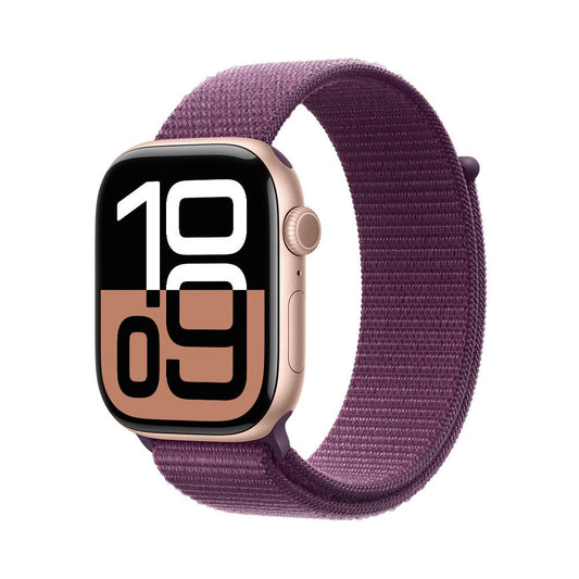 Apple Watch Series 10 GPS • Caja de aluminio color oro rosa de 46 mm • Correa loop deportiva color ciruela
