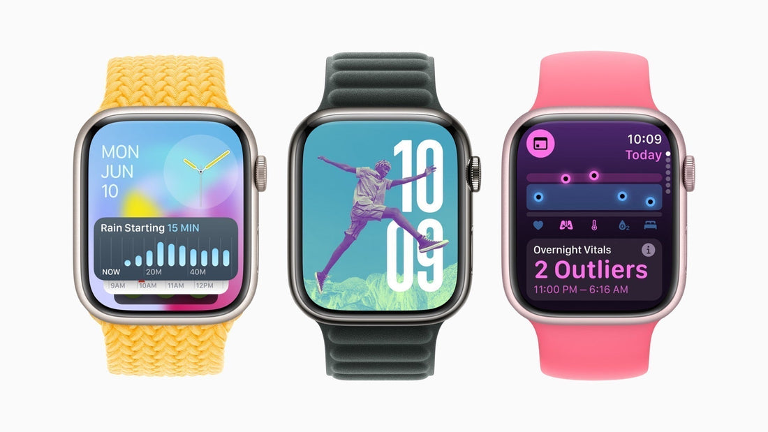 Tres Apple Watch mostrando funciones de fitness y salud, como predicción del clima, actividad física y monitoreo de signos vitales.