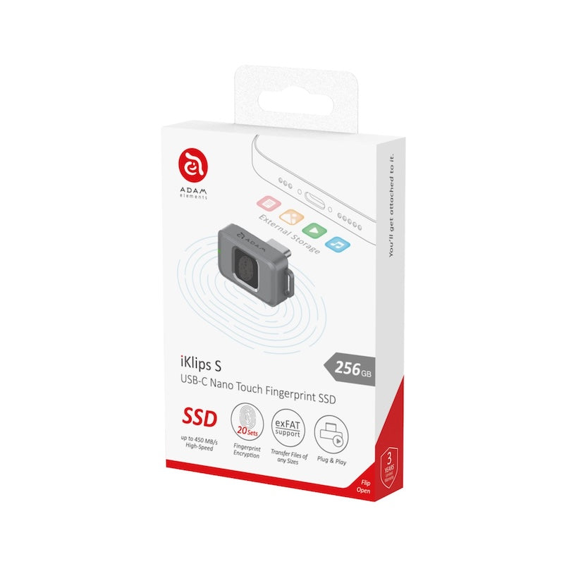 MEMORIA FLASH ADAM ELEMENTS ICLIPS SSD 256GB HUELLA USB-C GREY