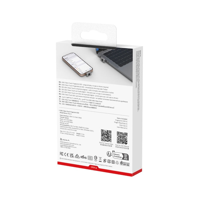 MEMORIA FLASH ADAM ELEMENTS ICLIPS SSD 256GB HUELLA USB-C GREY