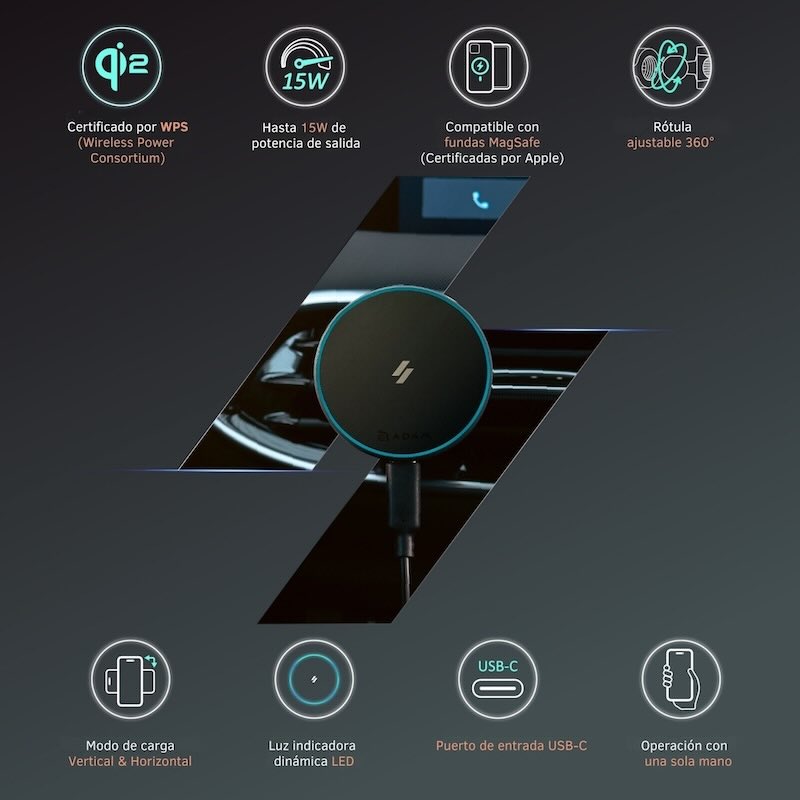 ADAPTADOR DE CARRRO ADAM ELEMENTS CQ1 MAGNETICO Qi2 BLACK