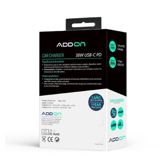 ADAPTADOR ADD ON PARA CARRO 38W USB-A/USB-C