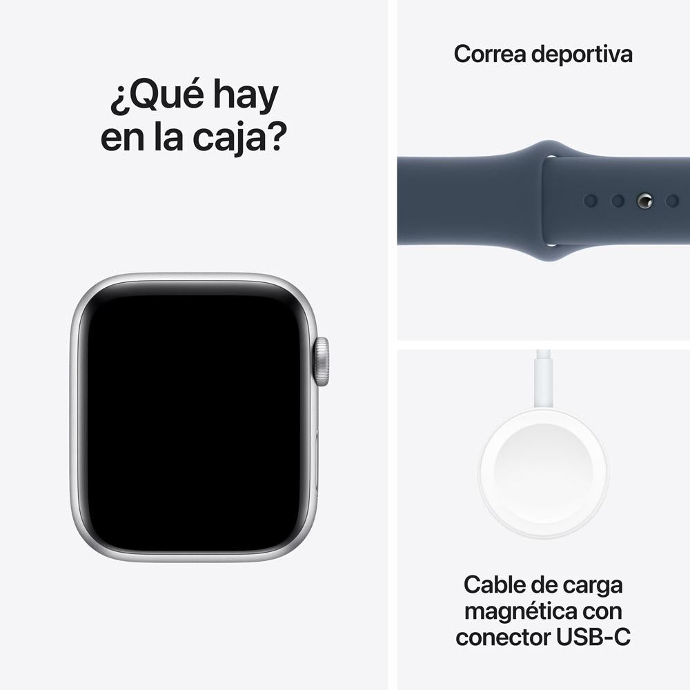 Apple Watch SE GPS • Caja de aluminio color plata de 44 mm • Correa deportiva azul tormenta - M/L