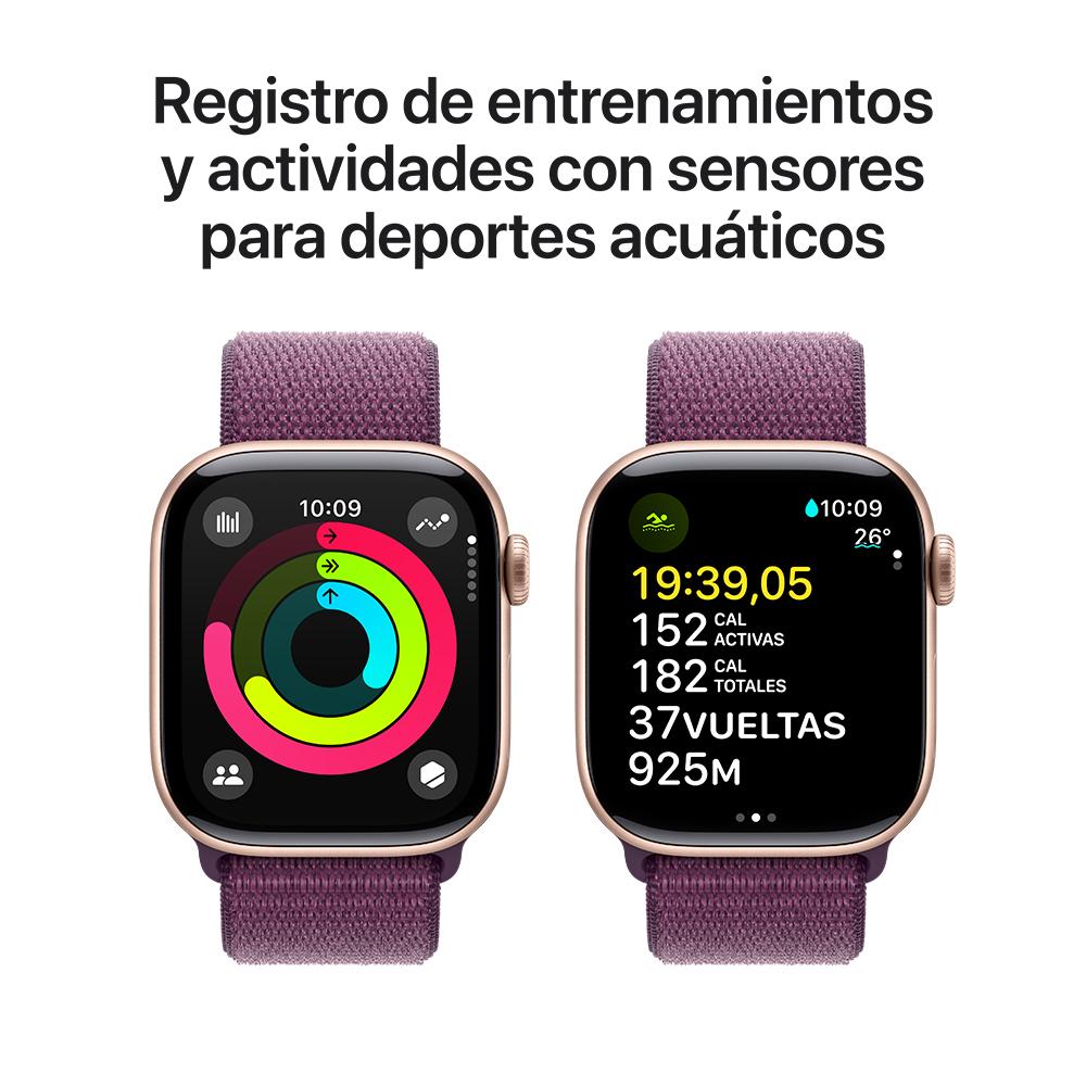 Apple Watch Series 10 GPS • Caja de aluminio color oro rosa de 42 mm • Correa loop deportiva color ciruela