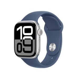 Apple Watch Series 10 GPS • Caja de aluminio color plata de 42 mm • Correa deportiva azul denim - M/L