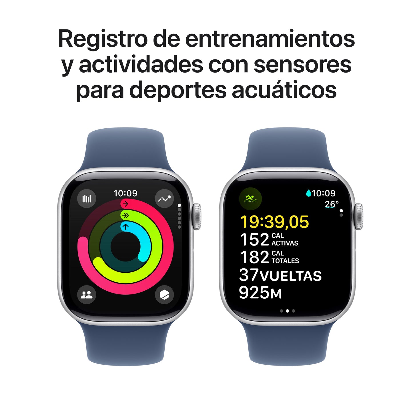 Apple Watch Series 10 GPS • Caja de aluminio color plata de 42 mm • Correa deportiva azul denim - S/M