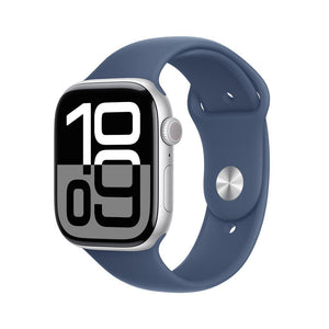 Apple Watch Series 10 GPS • Caja de aluminio color plata de 46 mm • Correa deportiva azul denim - M/L