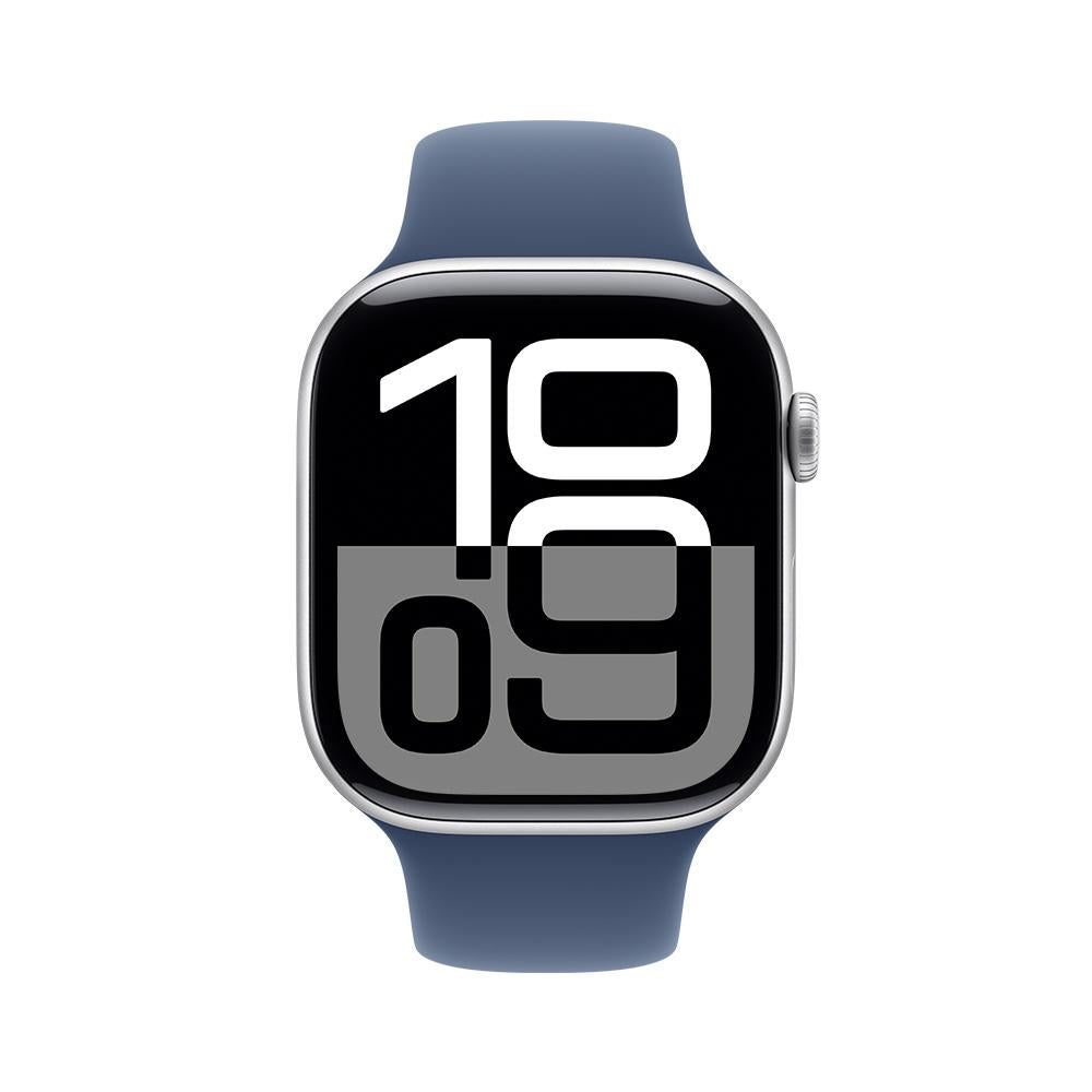 Apple Watch Series 10 GPS • Caja de aluminio color plata de 46 mm • Correa deportiva azul denim - S/M