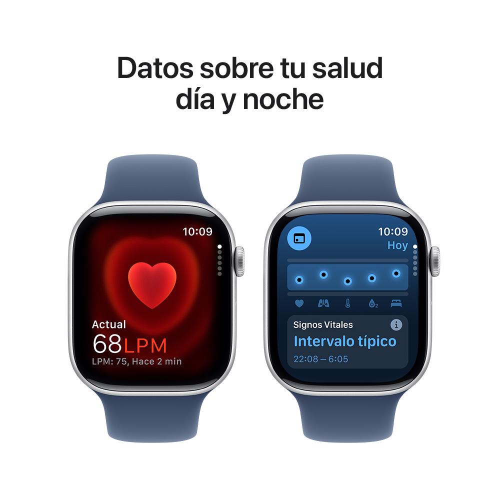 Apple Watch Series 10 GPS • Caja de aluminio color plata de 46 mm • Correa deportiva azul denim - S/M