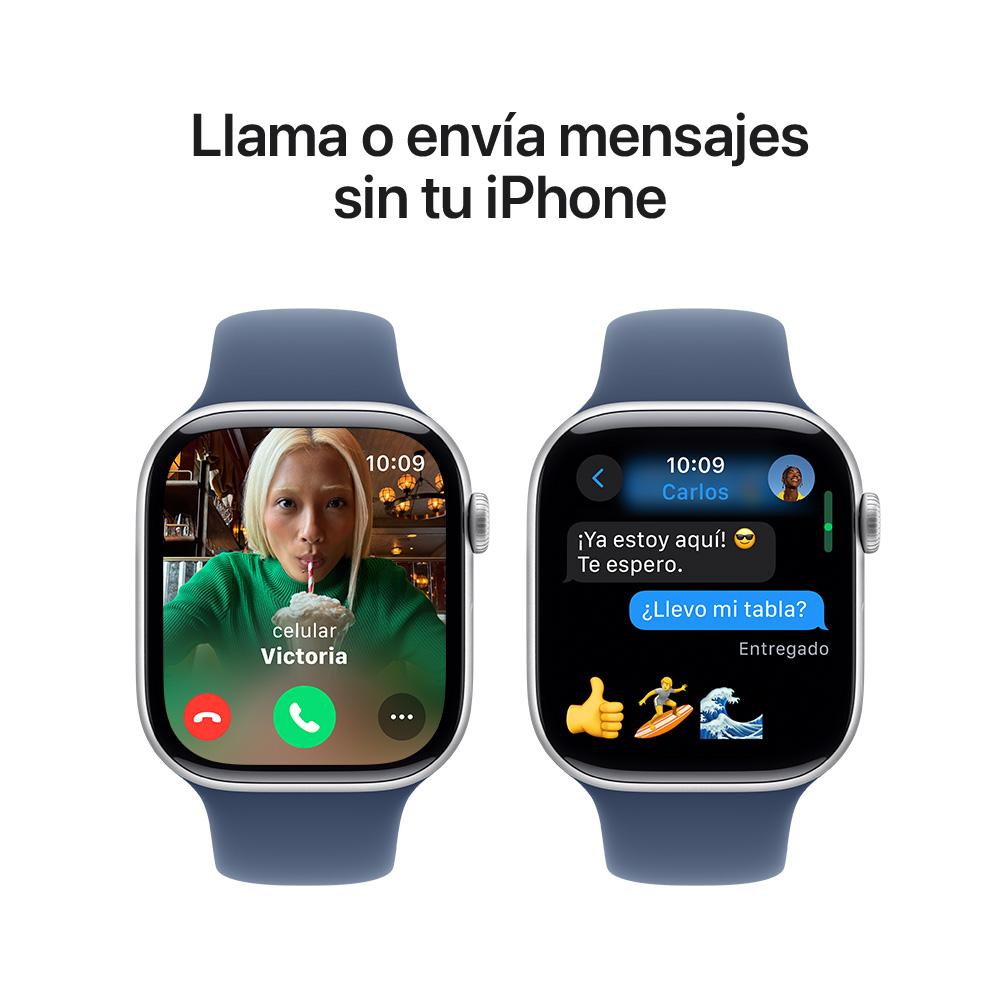 Apple Watch Series 10 GPS • Caja de aluminio color plata de 46 mm • Correa deportiva azul denim - S/M