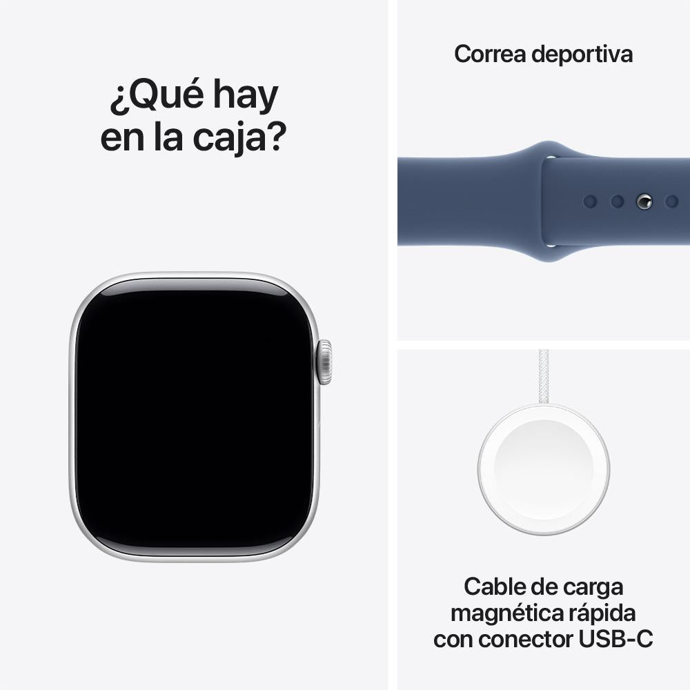 Apple Watch Series 10 GPS • Caja de aluminio color plata de 46 mm • Correa deportiva azul denim - S/M