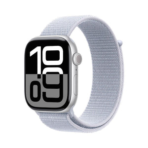 Apple Watch Series 10 GPS • Caja de aluminio color plata de 46 mm • Correa loop deportiva azul nube