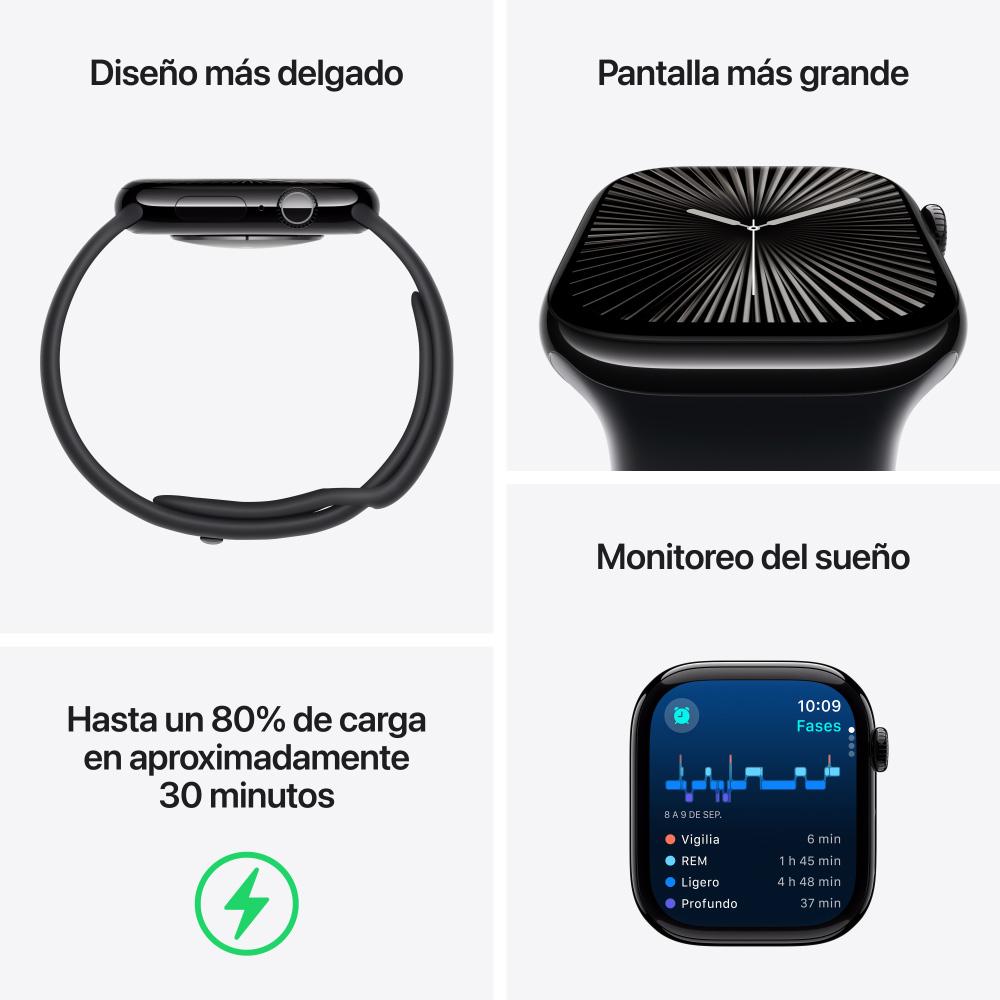 Apple Watch Series 10 GPS + Cellular • Caja de aluminio negro azabache de 46 mm • Correa deportiva negra - S/M