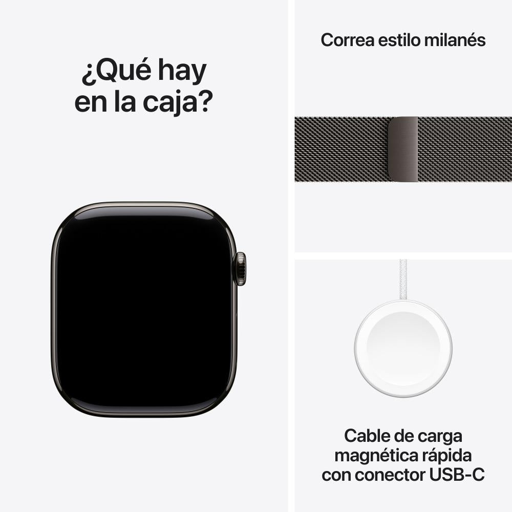 Apple Watch Series 10 GPS + Cellular • Caja de titanio color pizarra de 46 mm • Correa estilo milanés color pizarra - S/M