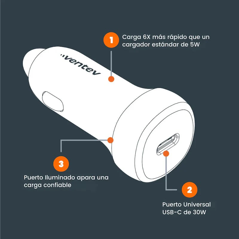 ADAPTADOR VENTEV PARA CARRO 30W USB-C GREY