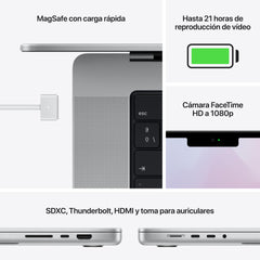 MacBook Pro de 16 pulgadas: Chip M1 Pro de Apple con CPU de diez núcleos y GPU de dieciséis núcleos, 512 GB SSD - Plata