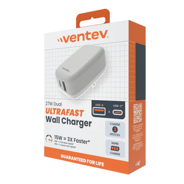 ADAPTADOR VENTEV DE PARED 27W 2 PUERTOS USB-A / USB-C WHITE