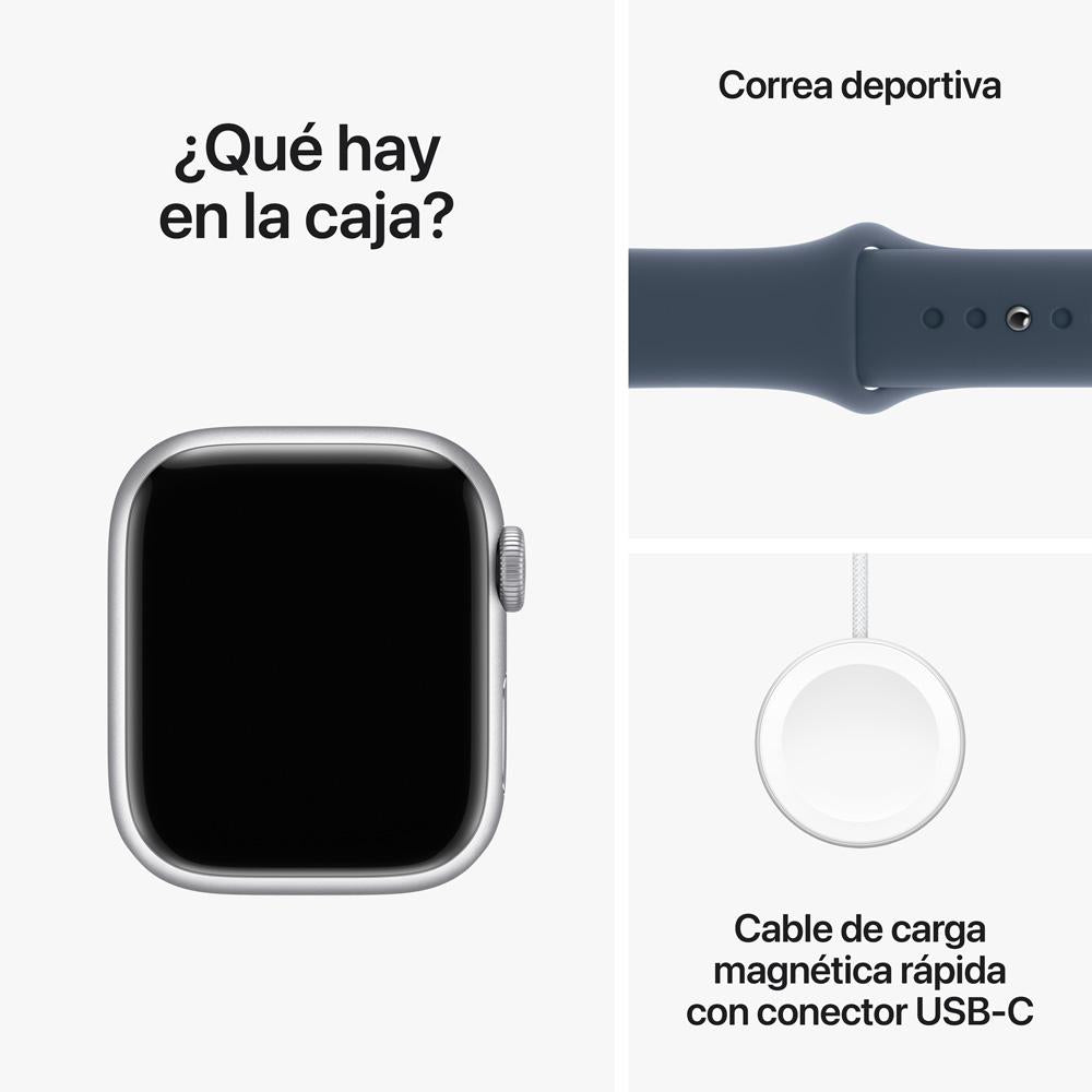 Apple Watch Series 9 GPS • Caja de aluminio color plata de 41 mm • Correa deportiva azul tormenta - S/M