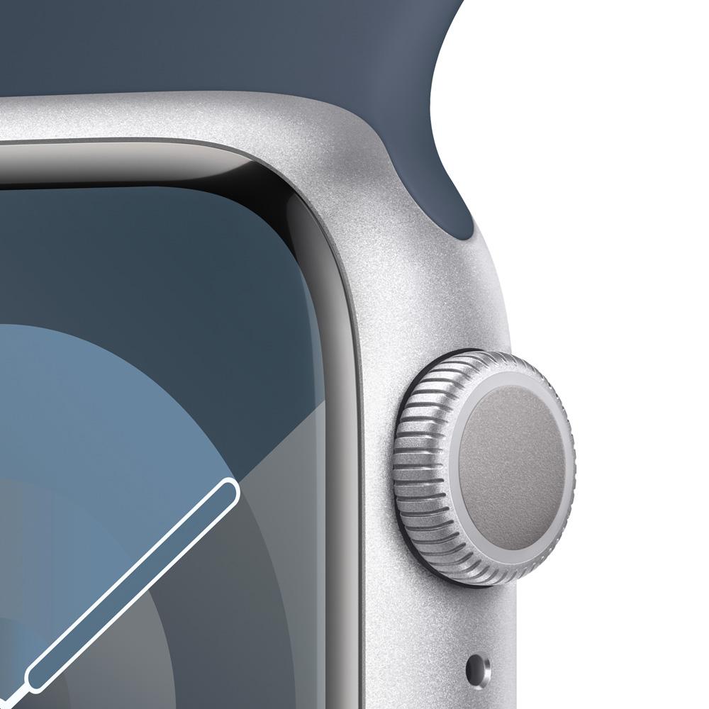 Apple Watch Series 9 GPS • Caja de aluminio color plata de 41 mm • Correa deportiva azul tormenta - S/M