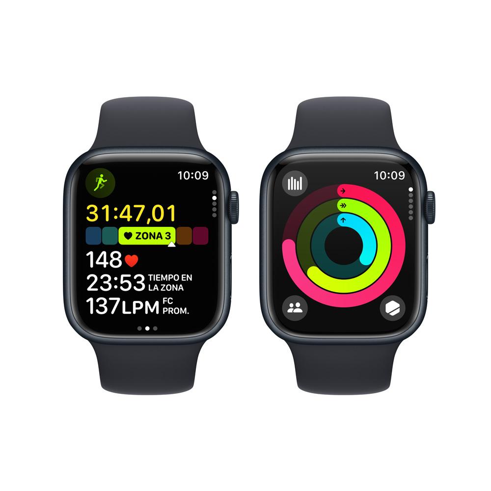 Apple Watch Series 9 GPS • Caja de aluminio color medianoche de 45 mm • Correa deportiva color medianoche - M/L