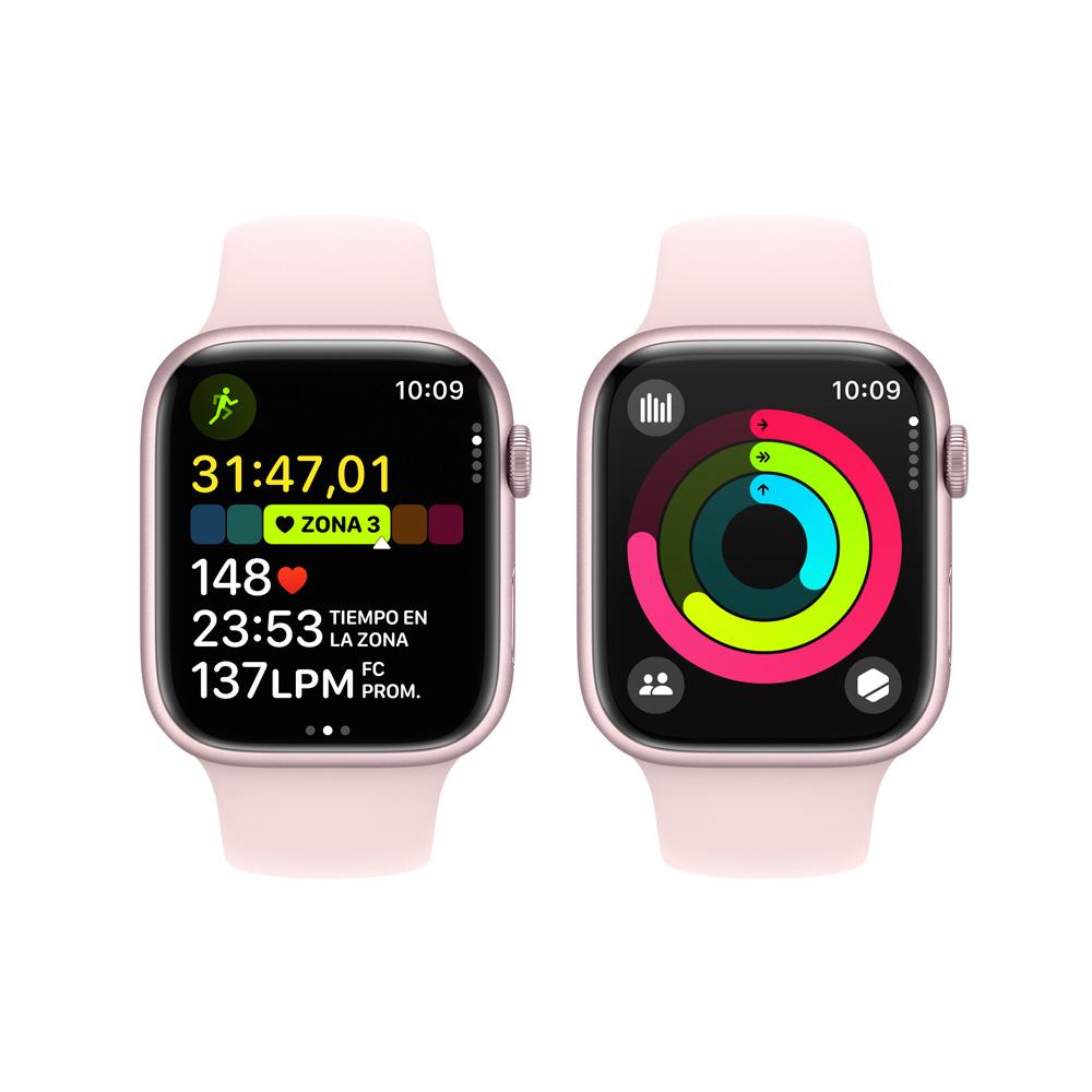 Apple Watch Series 9 GPS • Caja de aluminio rosada de 45 mm • Correa deportiva rosado claro - M/L