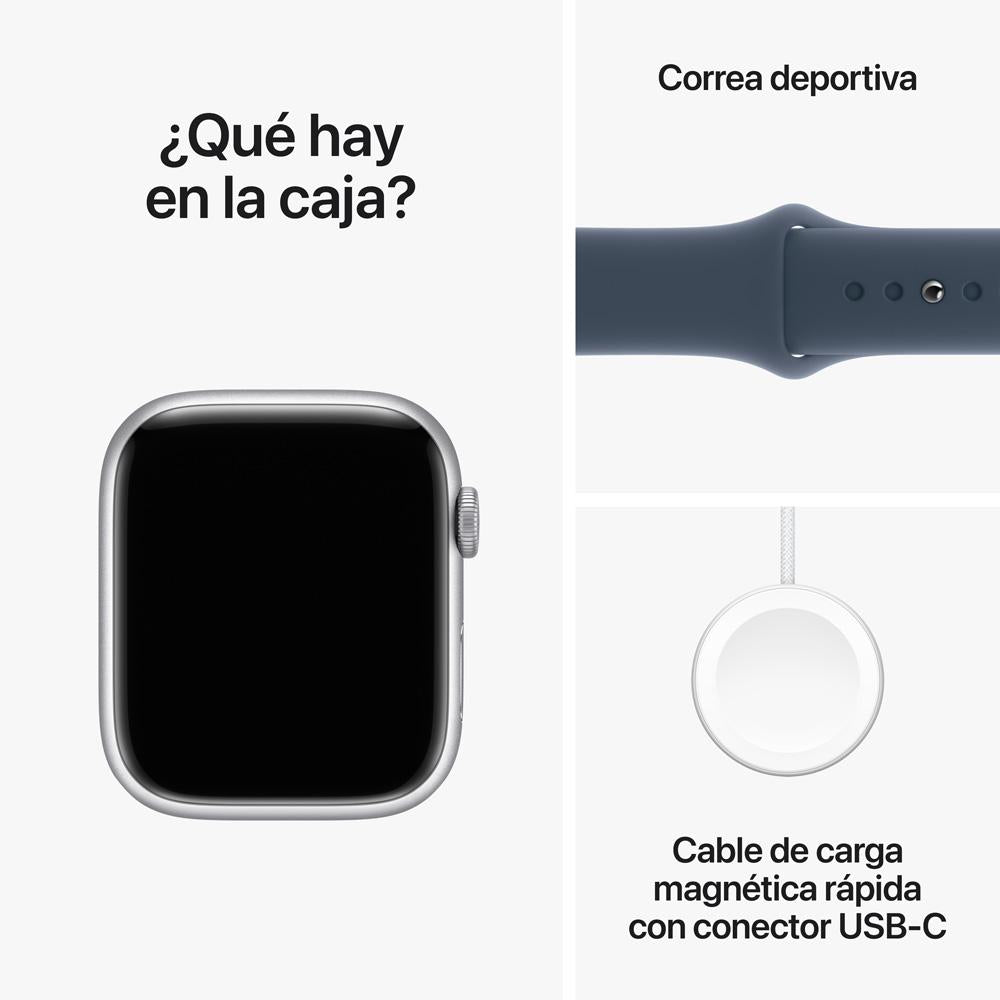 Apple Watch Series 9 GPS • Caja de aluminio color plata de 45 mm • Correa deportiva azul tormenta - M/L