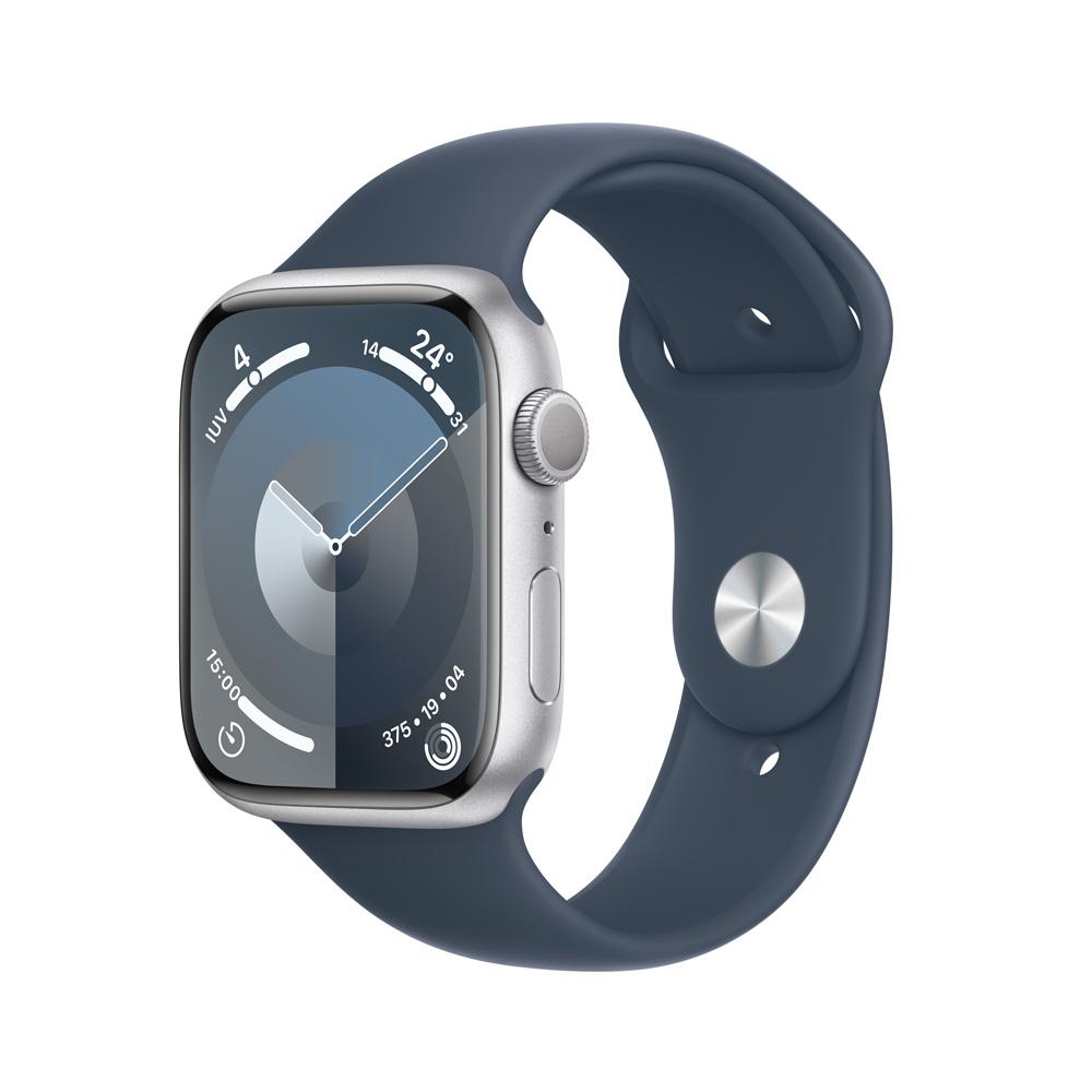 Apple Watch Series 9 GPS • Caja de aluminio color plata de 45 mm • Correa deportiva azul tormenta - M/L