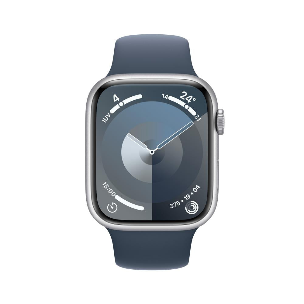 Apple Watch Series 9 GPS • Caja de aluminio color plata de 45 mm • Correa deportiva azul tormenta - M/L
