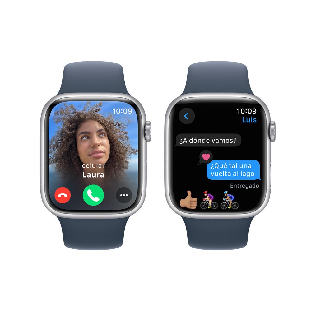 Apple Watch Series 9 GPS • Caja de aluminio color plata de 45 mm • Correa deportiva azul tormenta - M/L