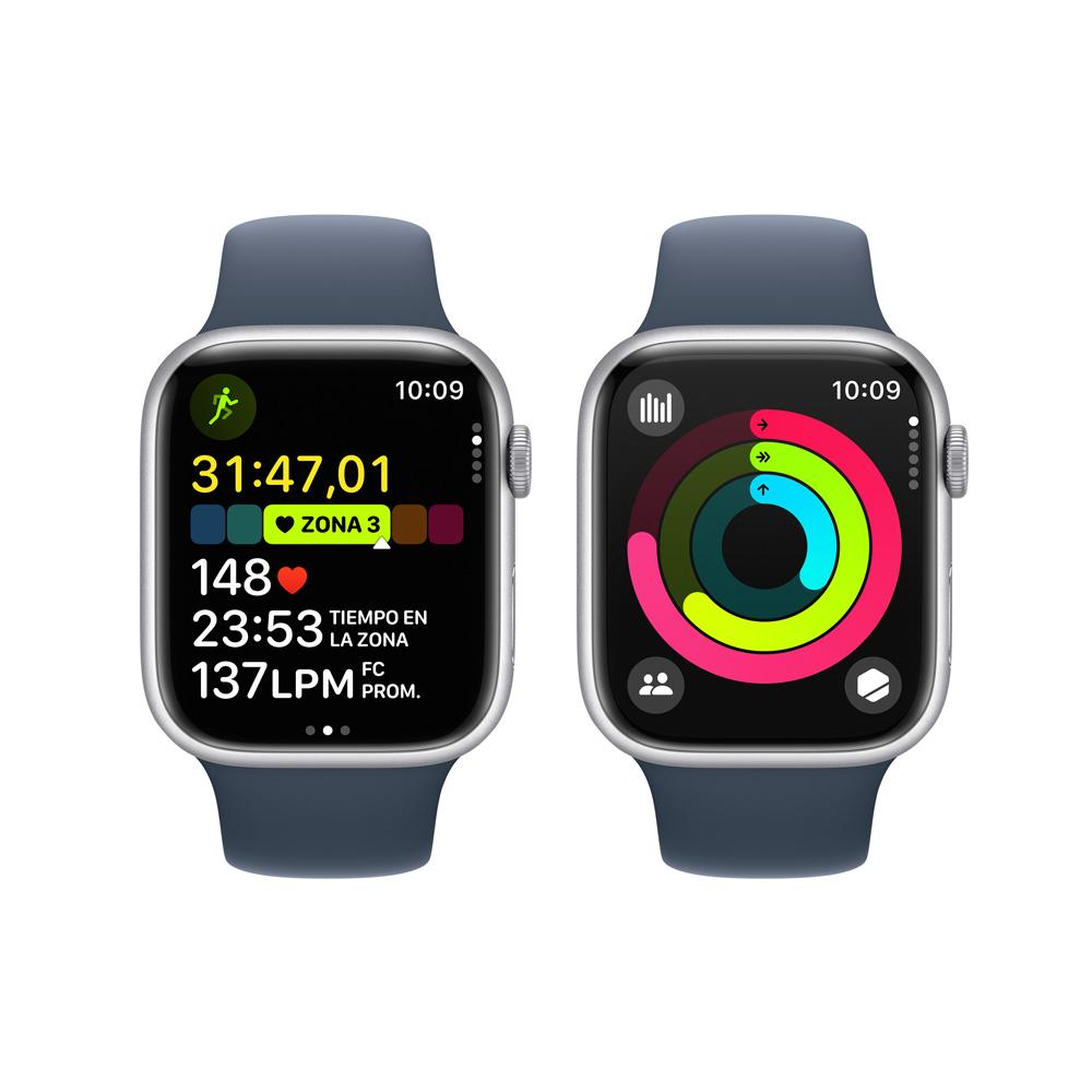 Apple Watch Series 9 GPS • Caja de aluminio color plata de 45 mm • Correa deportiva azul tormenta - M/L