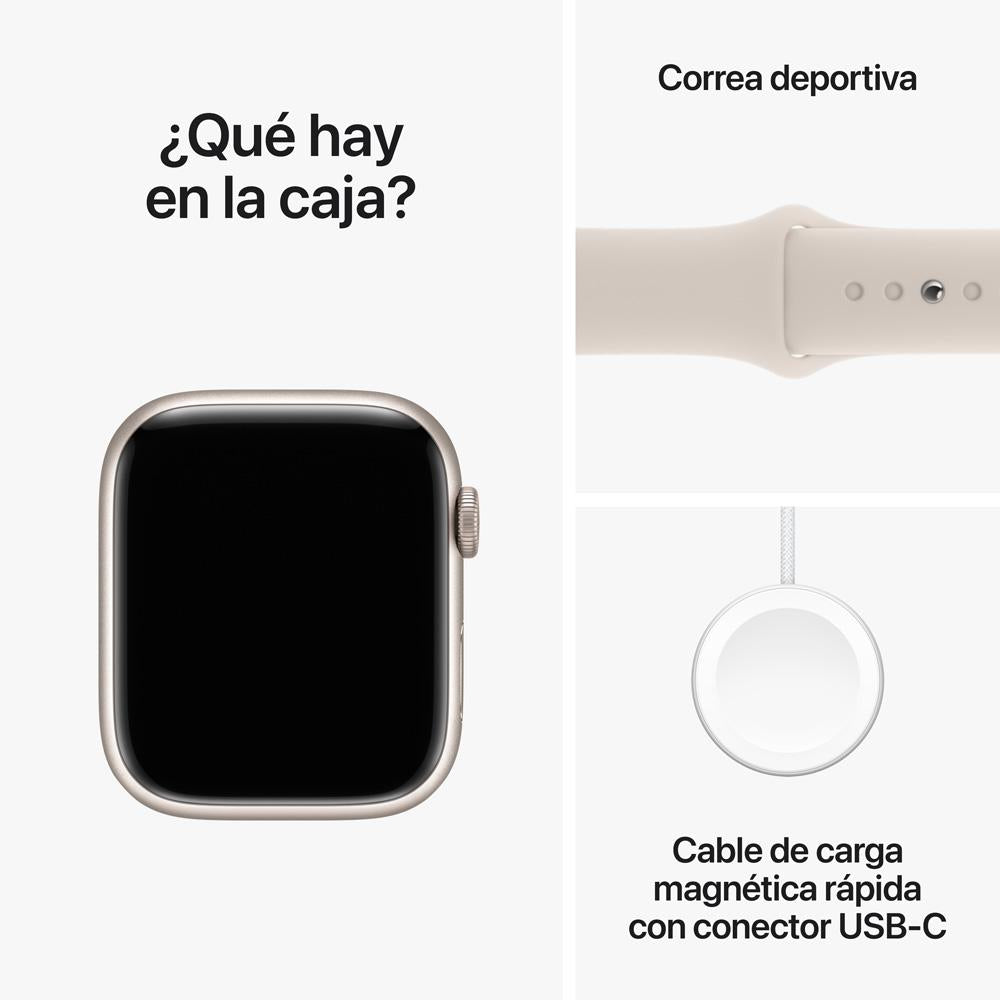 Apple Watch Series 9 GPS • Caja de aluminio blanco estelar de 45 mm • Correa deportiva blanco estelar - M/L