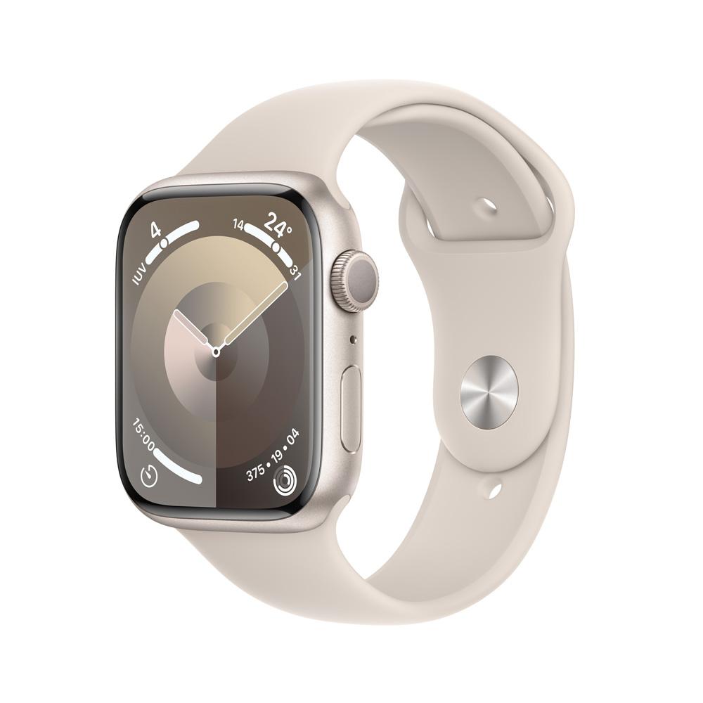 Apple Watch Series 9 GPS • Caja de aluminio blanco estelar de 45 mm • Correa deportiva blanco estelar - M/L