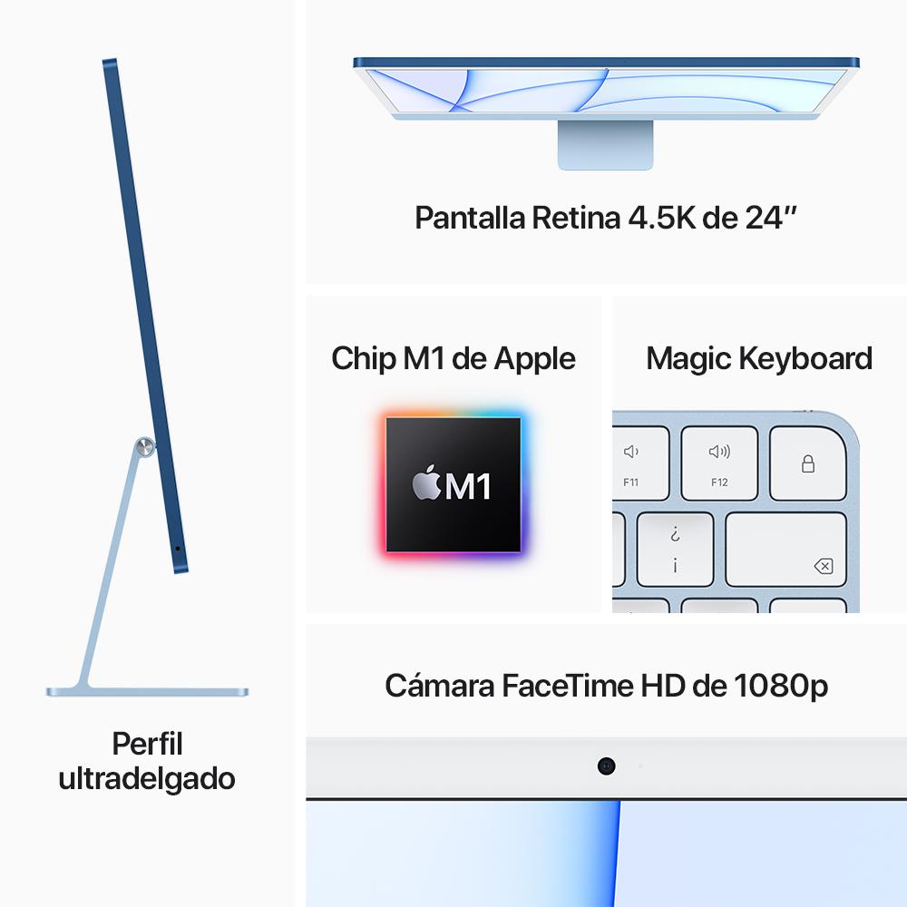 iMac con pantalla Retina 4,5K de 24 pulgadas: Chip M1 de Apple con CPU de ocho núcleos y GPU de siete núcleos, 256 GB SSD - Azul