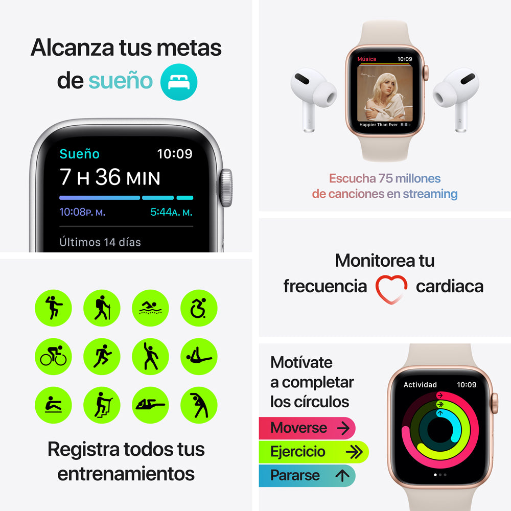 Apple Watch SE (GPS) - Caja de aluminio en oro de 40 mm - Correa deportiva blanco estelar - Talla única