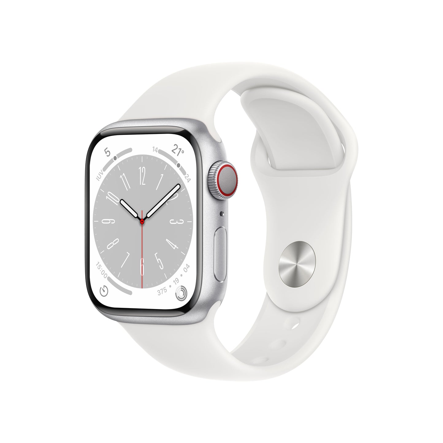 Apple Watch Series 8 (GPS + Cellular) - Caja de aluminio en plata de 41 mm - Correa deportiva blanca - Talla única