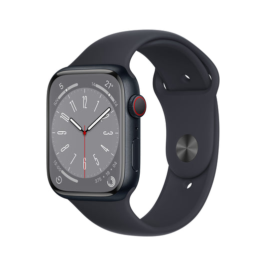 Apple Watch Series 8 (GPS + Cellular) - Caja de aluminio en color medianoche de 45 mm - Correa deportiva en color medianoche - Talla única