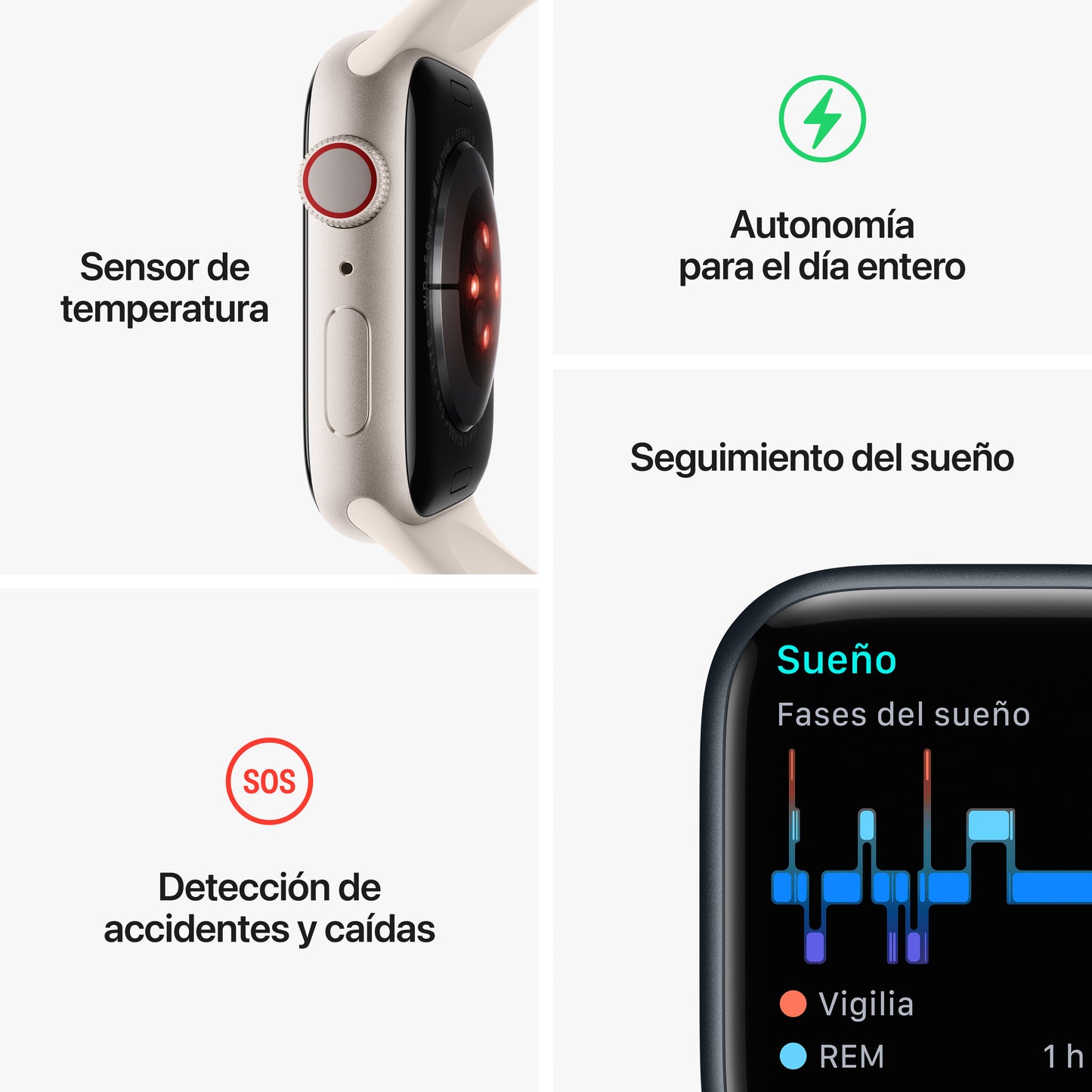 Apple Watch Series 8 (GPS + Cellular) - Caja de aluminio en blanco estrella de 45 mm - Correa deportiva blanco estrella - Talla única